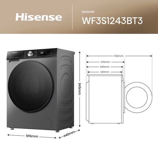 Hisense WF3S1243BT3 Washing Machine Titanium - Annotation - Dimension shot 