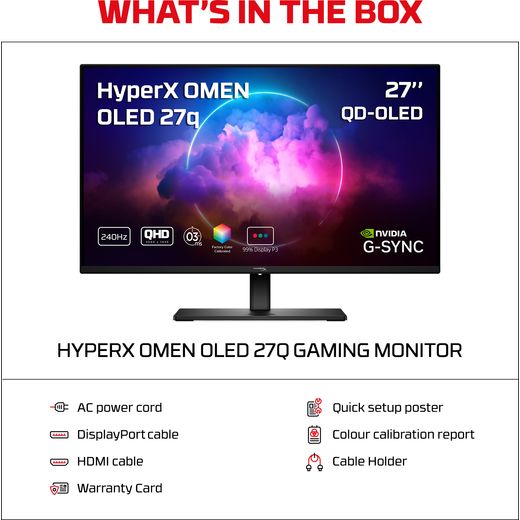 HyperX OMEN 27" Quad HD 240Hz OLED Gaming Monitor with FreeSync™ Premium with NVidia G-Sync - annotation - what's in the box