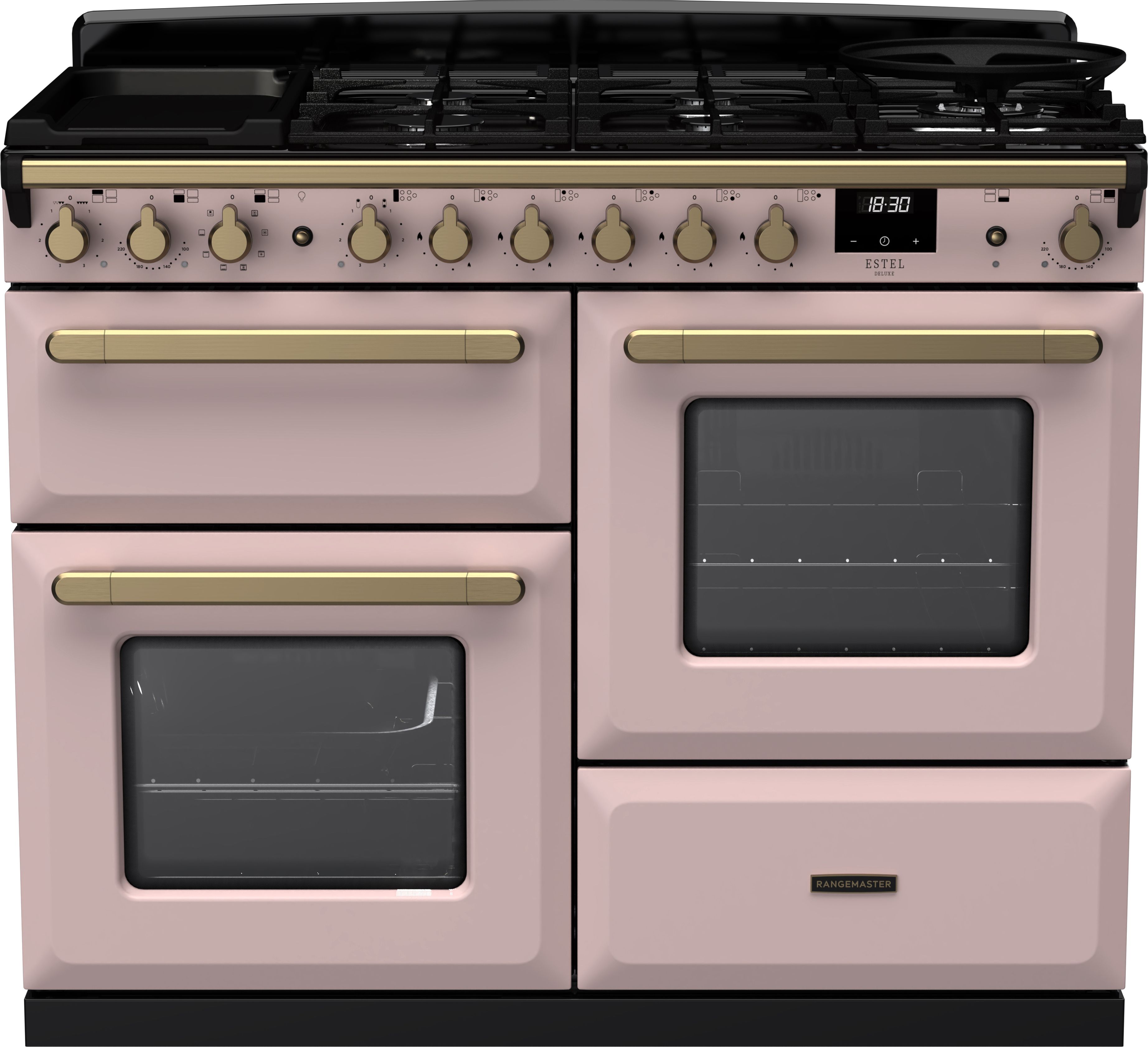 Rangemaster Dual Fuel Range Cooker - 110cm - 7 Gas Hob Zones - 2 Ovens - Pale Pink/Antique Brass