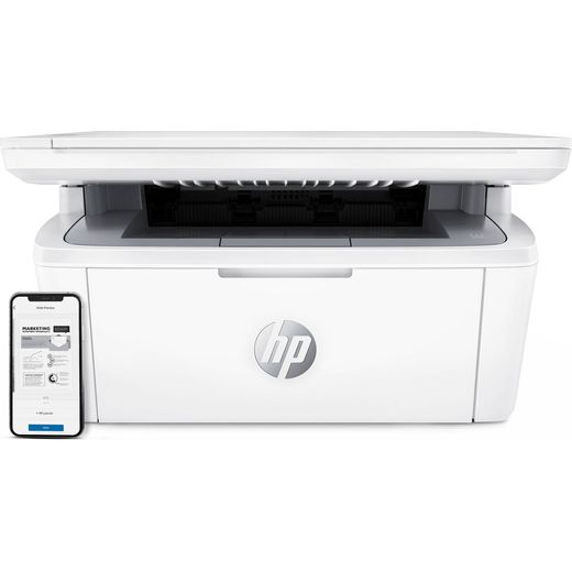 HP LaserJet MFP M140w All-In-One Laser Printer - White - Front with phone shot