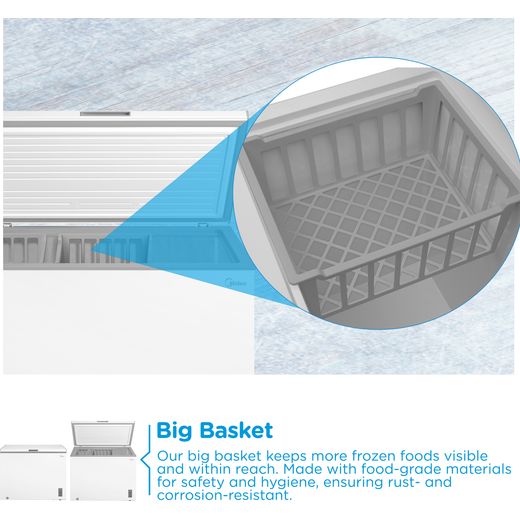Midea MDRC411FZE01 Chest Freezer - White - Annotation - Big basket shot