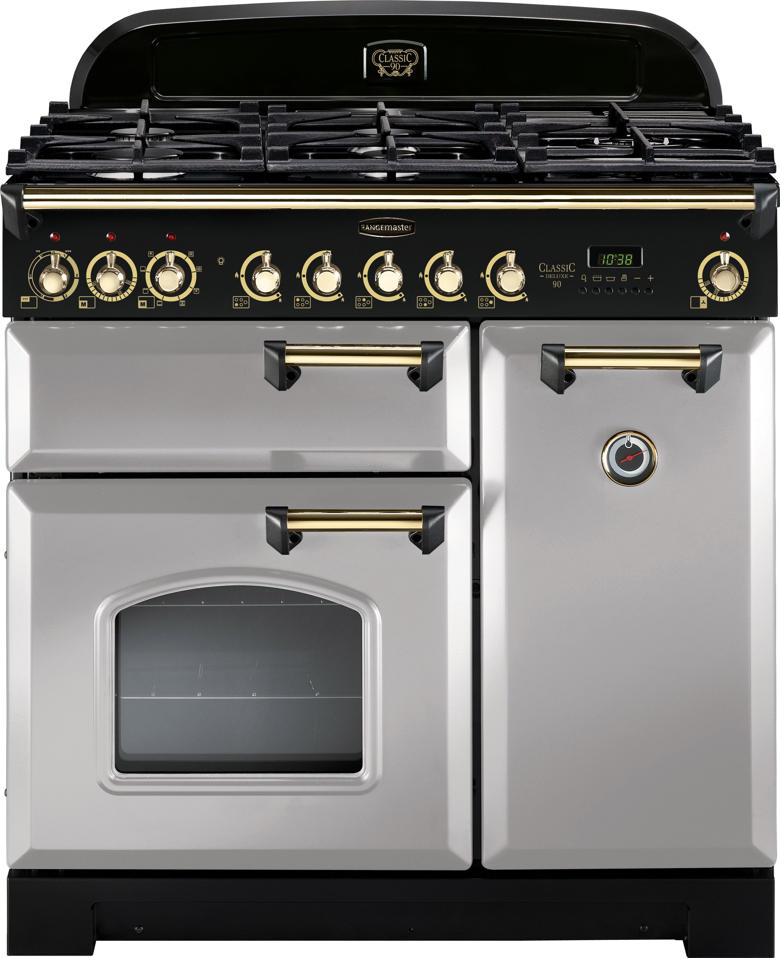 Rangemaster Classic Deluxe CDL90DFFRP/B 90cm Dual Fuel Range Cooker - Royal Pearl / Brass - A/A Rated, Grey
