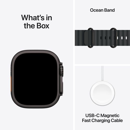 Apple Watch Ultra 3, 49mm, Black Titanium Case, GPS + Cellular [2025] - Black Ocean Band - Annotation - What's in the box