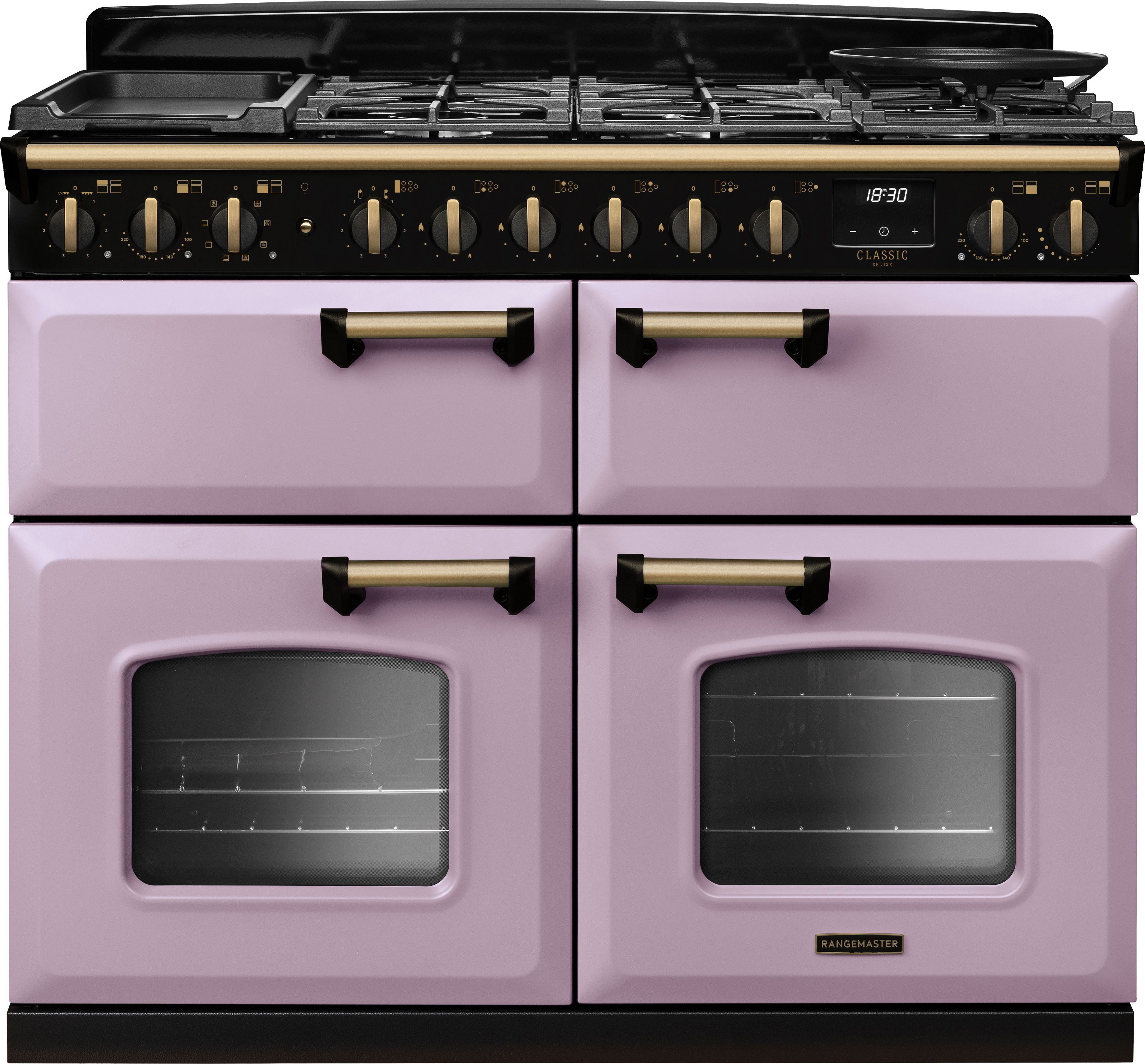Image of Rangemaster Classic Deluxe 110 CLDLB110DFPHTH/AB1 110cm wide Dual Fuel Range Cooker with Gas Hob - Heather / Antique Brass - A/A/A Rated, Purple