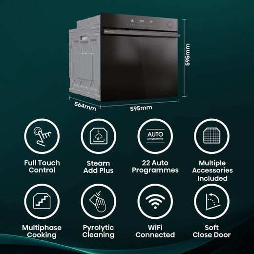 Hisense Hi6 BlackLine BSA66346PDBGUK Wifi Connected Built In Electric Single Oven with Pyrolytic Cleaning - Jet Black - Annotation - Features shot