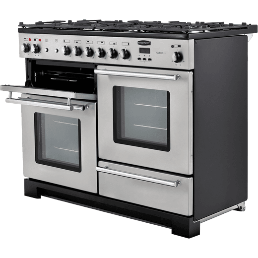 Rangemaster Toledo + 110cm Dual Fuel Range Cooker - Stainless Steel / Chrome - Top left door open