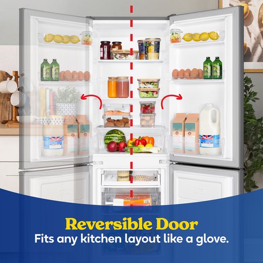 Russell Hobbs RH143FF492E1SS 14cm 70/30 Fridge Freezer - Stainless Steel - Annotation - reversible door shot