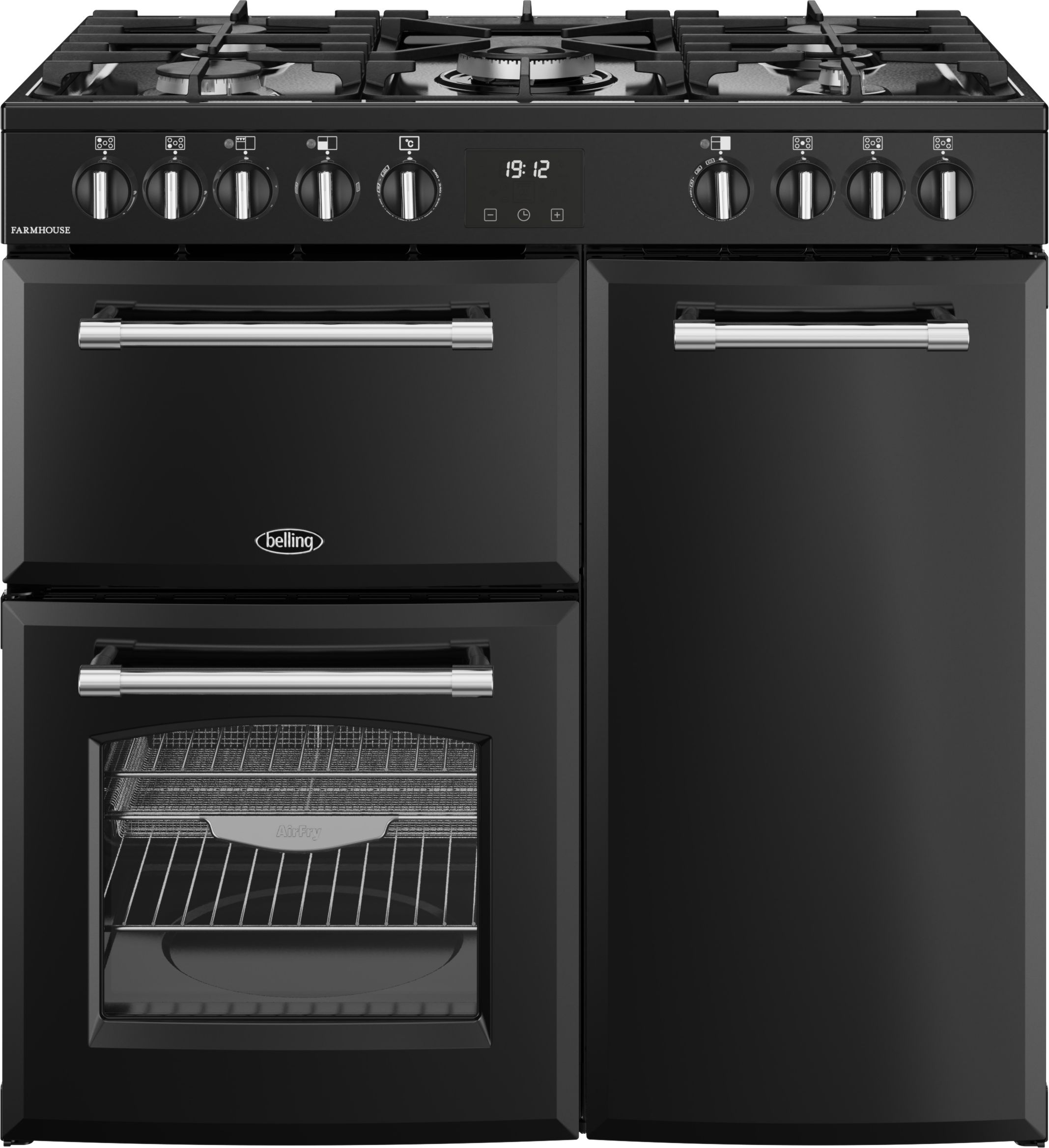Image of Belling Farmhouse 90DF 90cm wide Dual Fuel Range Cooker with Gas Hob - Black - A/A Rated, Black