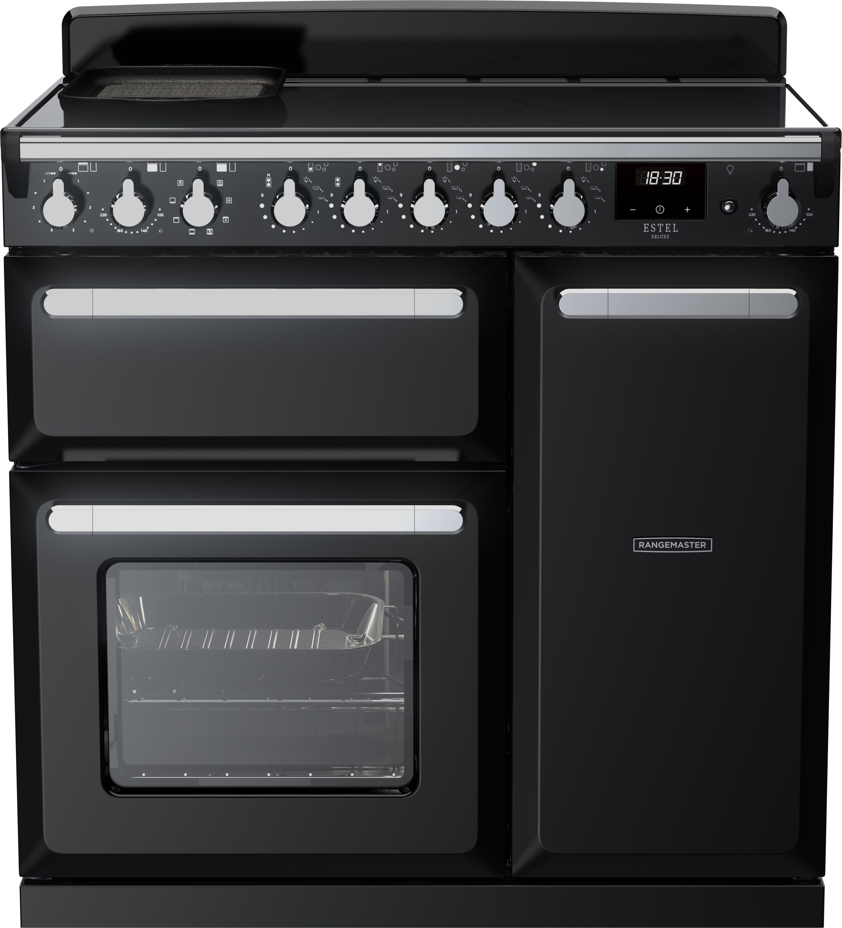Image of Rangemaster Estel Deluxe ESDL90EIPGBL/CM1 90cm wide Electric Range Cooker with Induction Hob - Black / Chrome - A/A Rated, Black
