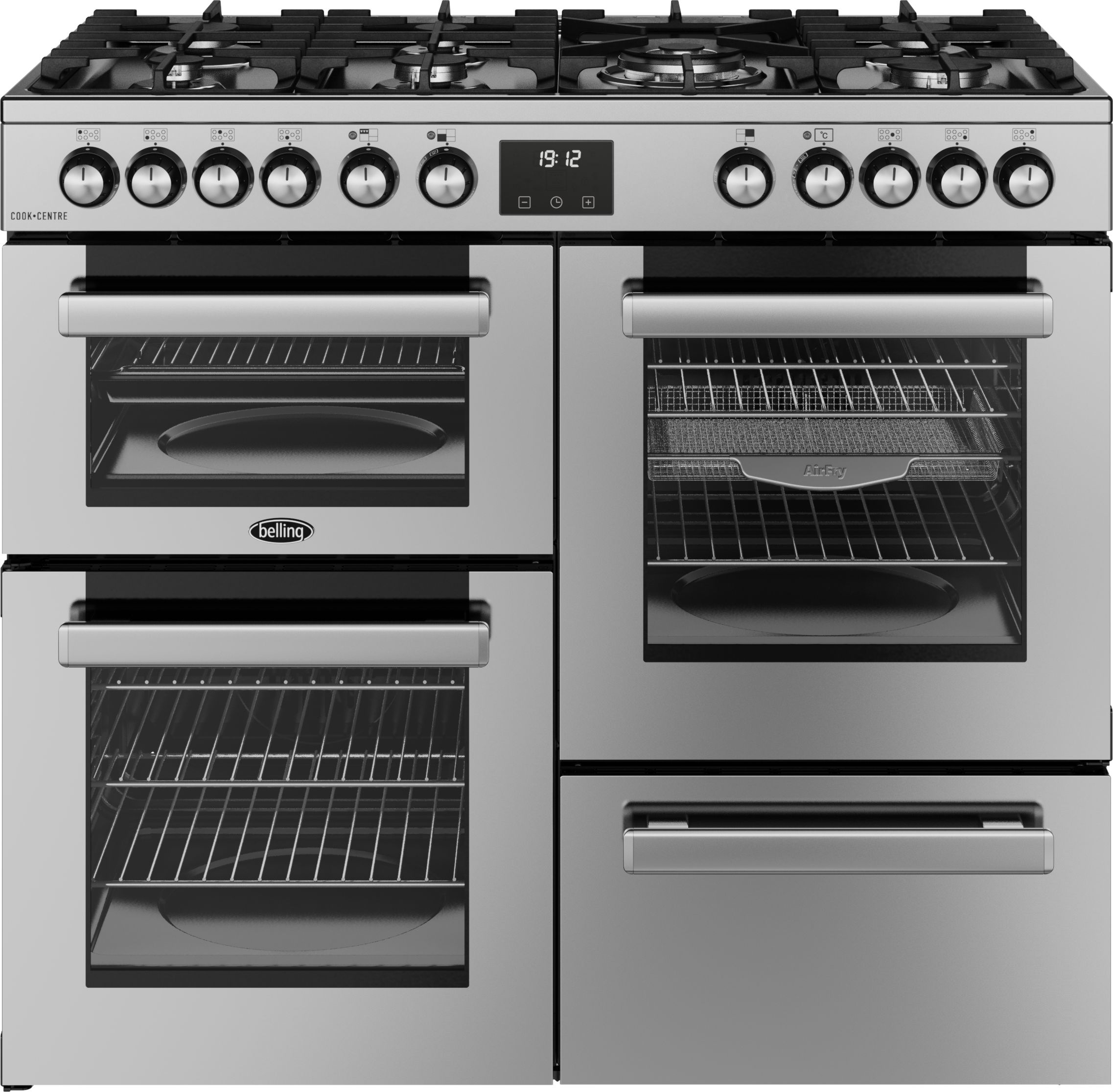 Image of Belling Cookcentre 100DF 100cm wide Dual Fuel Range Cooker with Gas Hob - Stainless Steel - A/A Rated, Stainless Steel