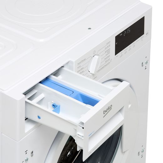 Beko RecycledTub® WTIK94121F Integrated 9kg Washing Machine with 1400 rpm - White - Detergent drawer open