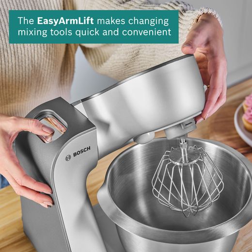 Bosch CreationLine 7 in 1 MUM59340GB Stand Mixer with 3.9 Litre Bowl - Silver - Annotation - easy arm lift shot