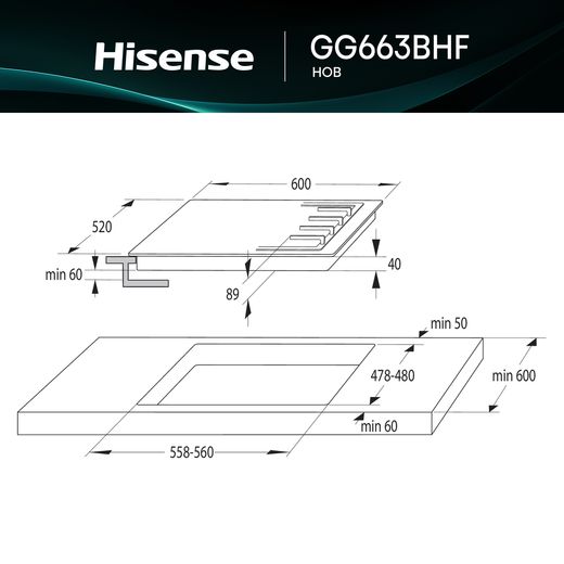 Hisense Hi2 HIPK2PBN60G1 Built In Electric Single Oven and Gas Hob Pack - Annotation - dimeson shot 