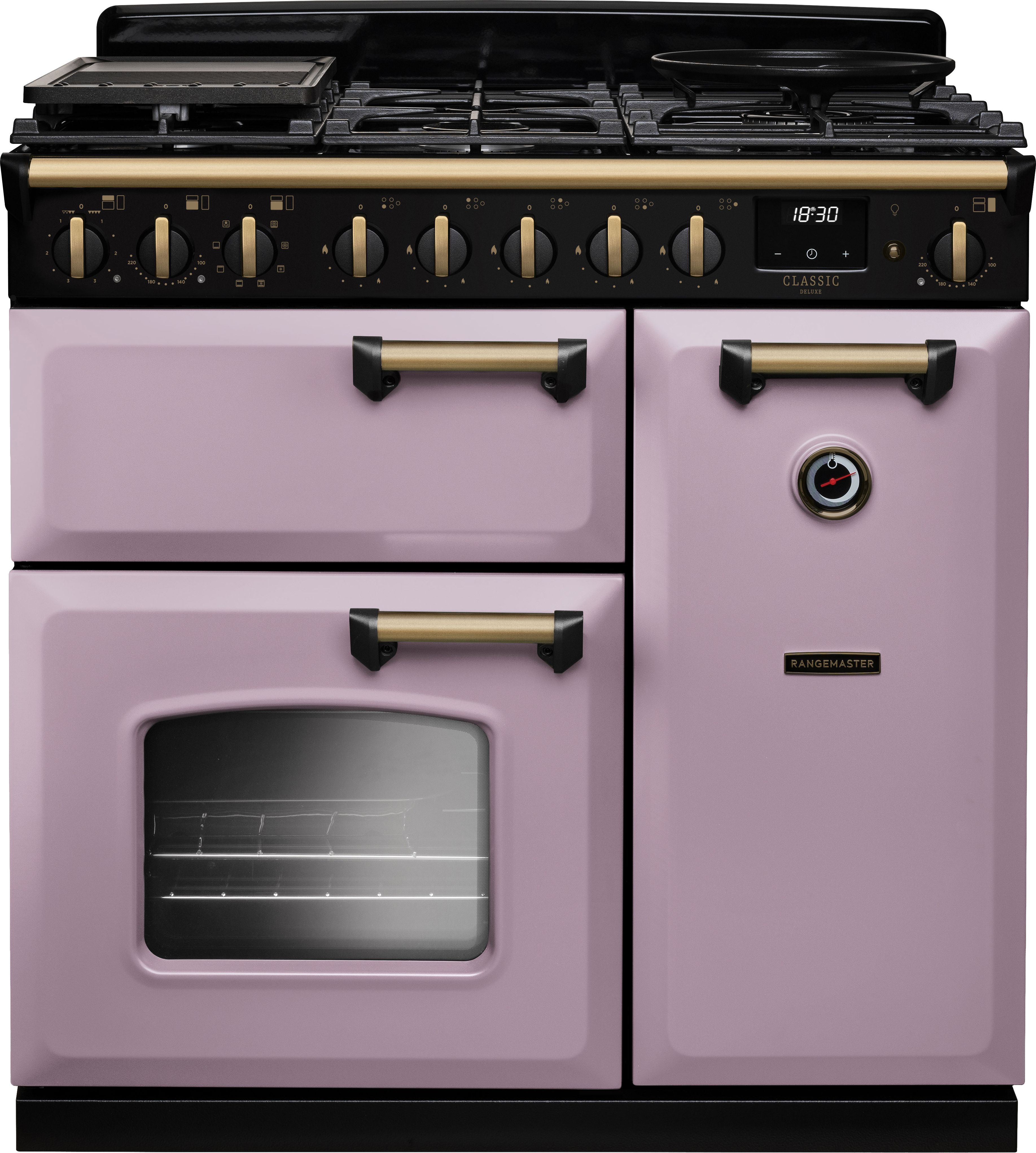 Image of Rangemaster Classic Deluxe 90 CLDL90DFPHTH/AB1 90cm wide Dual Fuel Range Cooker with Gas Hob - Heather / Chrome - A Rated, Purple