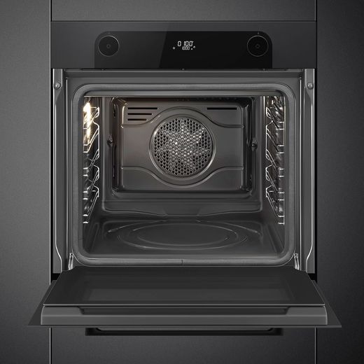 Smeg Musa SFP6201TBI Built In Electric Single Oven with Microwave Function - Black  - Front with door open shot 