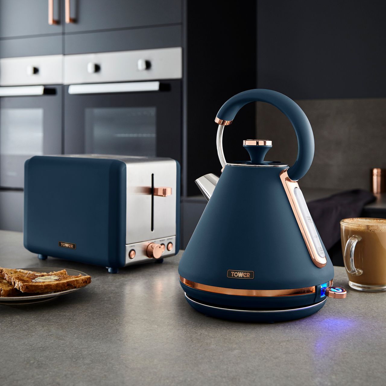 midnight blue toaster and kettle