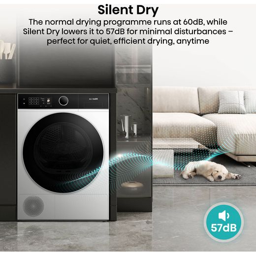 Hisense 5i Series DH5I104BWAB Wifi Connected 10Kg Heat Pump Tumble Dryer - White - Annotation - Silent dry shot