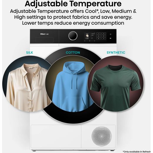Hisense 5i Series DH5I104BWAB Wifi Connected 10Kg Heat Pump Tumble Dryer - White - Annotation - Adjust temp shot