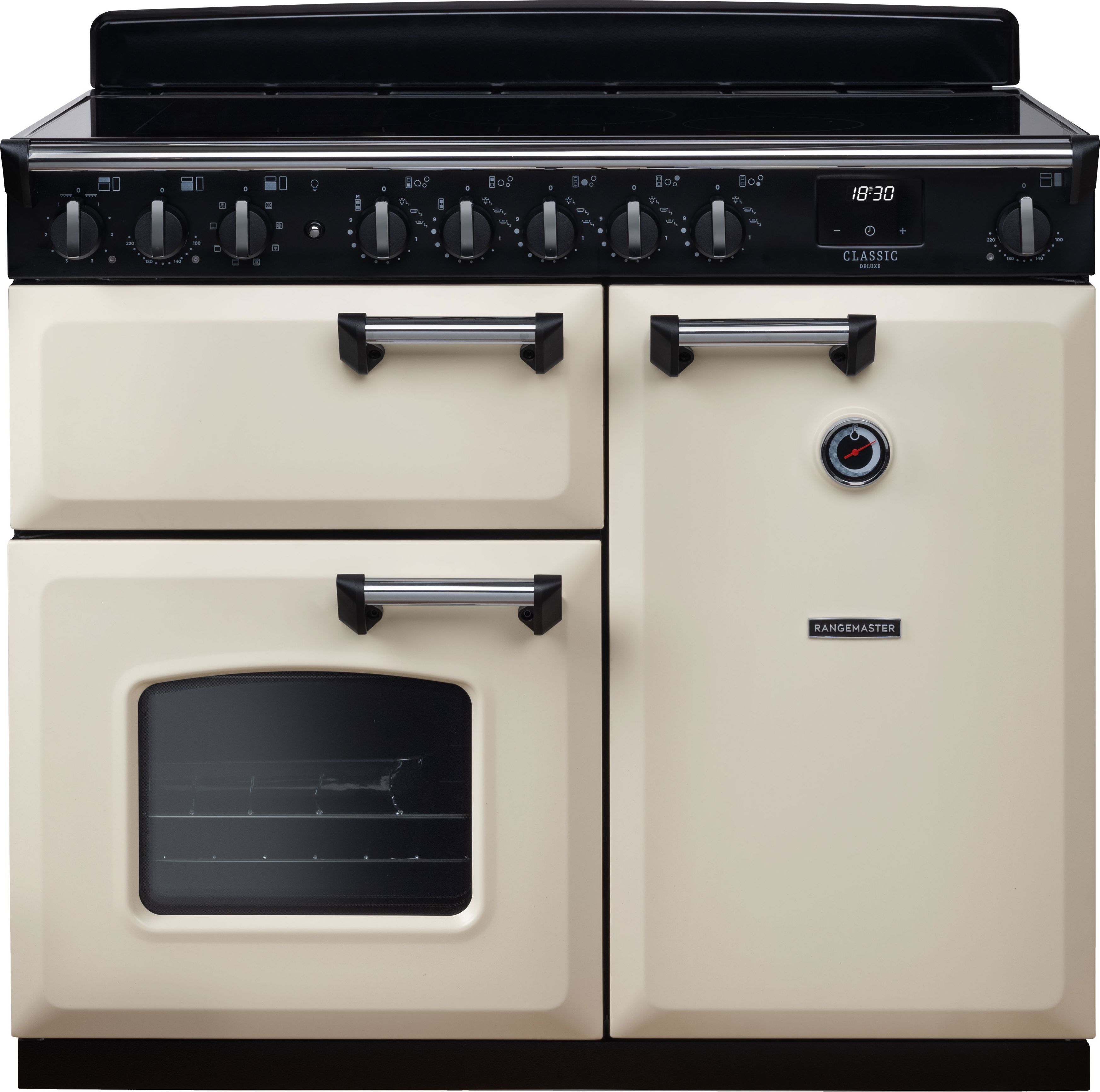 Image of Rangemaster Classic Deluxe CLDL100EIPPCR/CM1 100cm wide Electric Range Cooker with Induction Hob - Cream / Chrome - A/A Rated, Cream
