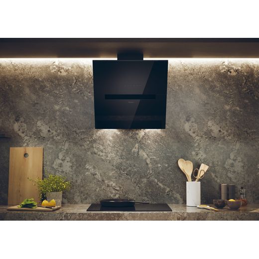 Haier I-Link HADG6CBS4BWIFI Wifi Connected 60cm Angled Chimney Cooker Hood - Black - Cooker hood in kitchen shot 