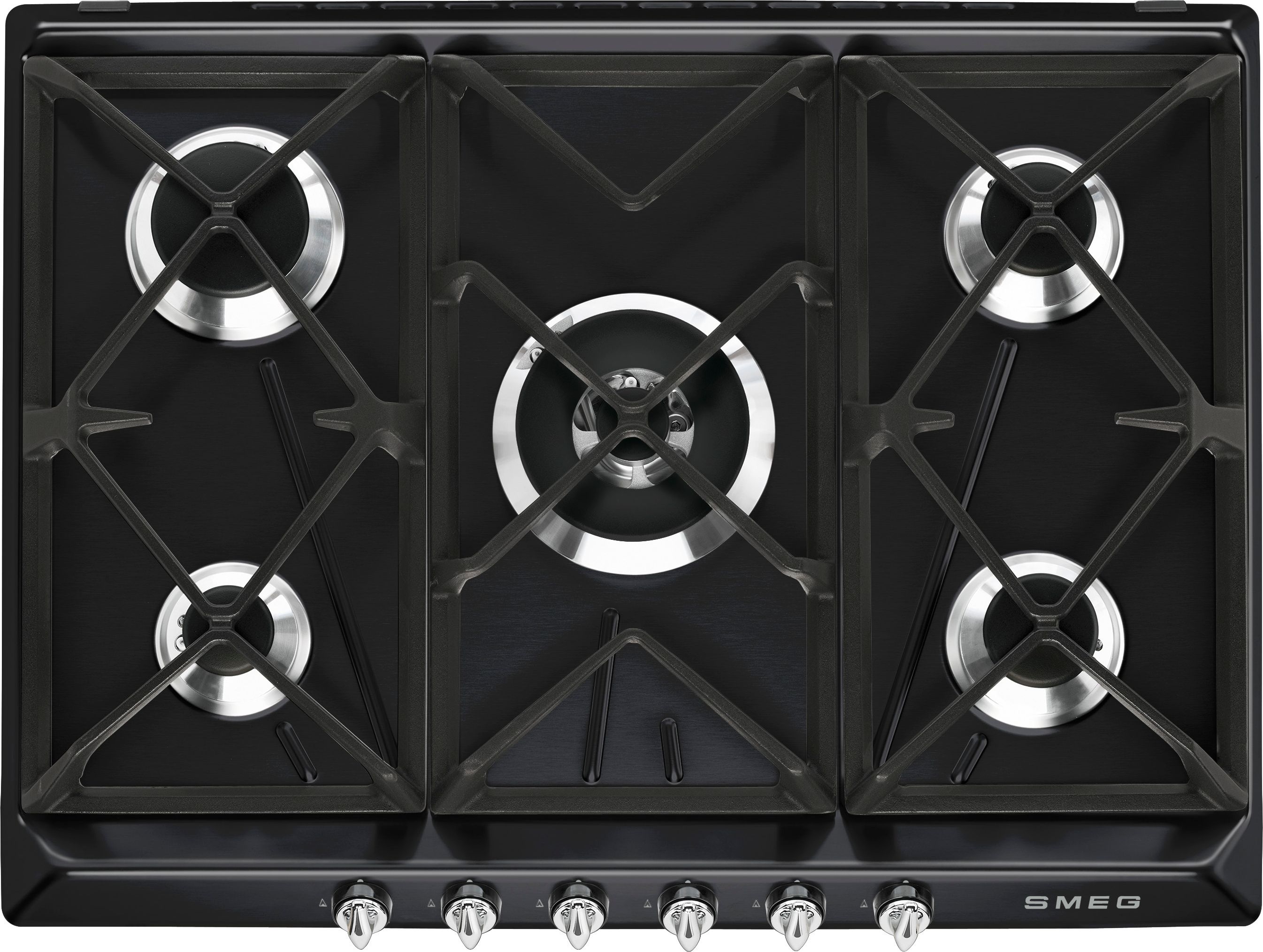 Smeg 68.5cm Gas Hob - Black, 5 Burners, Cast Iron Pan Supports