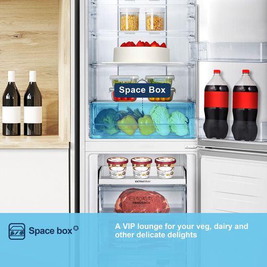 Fridgemaster MC55251D 182cm 50/50 No Frost Fridge Freezer - White - Annotation - Space box