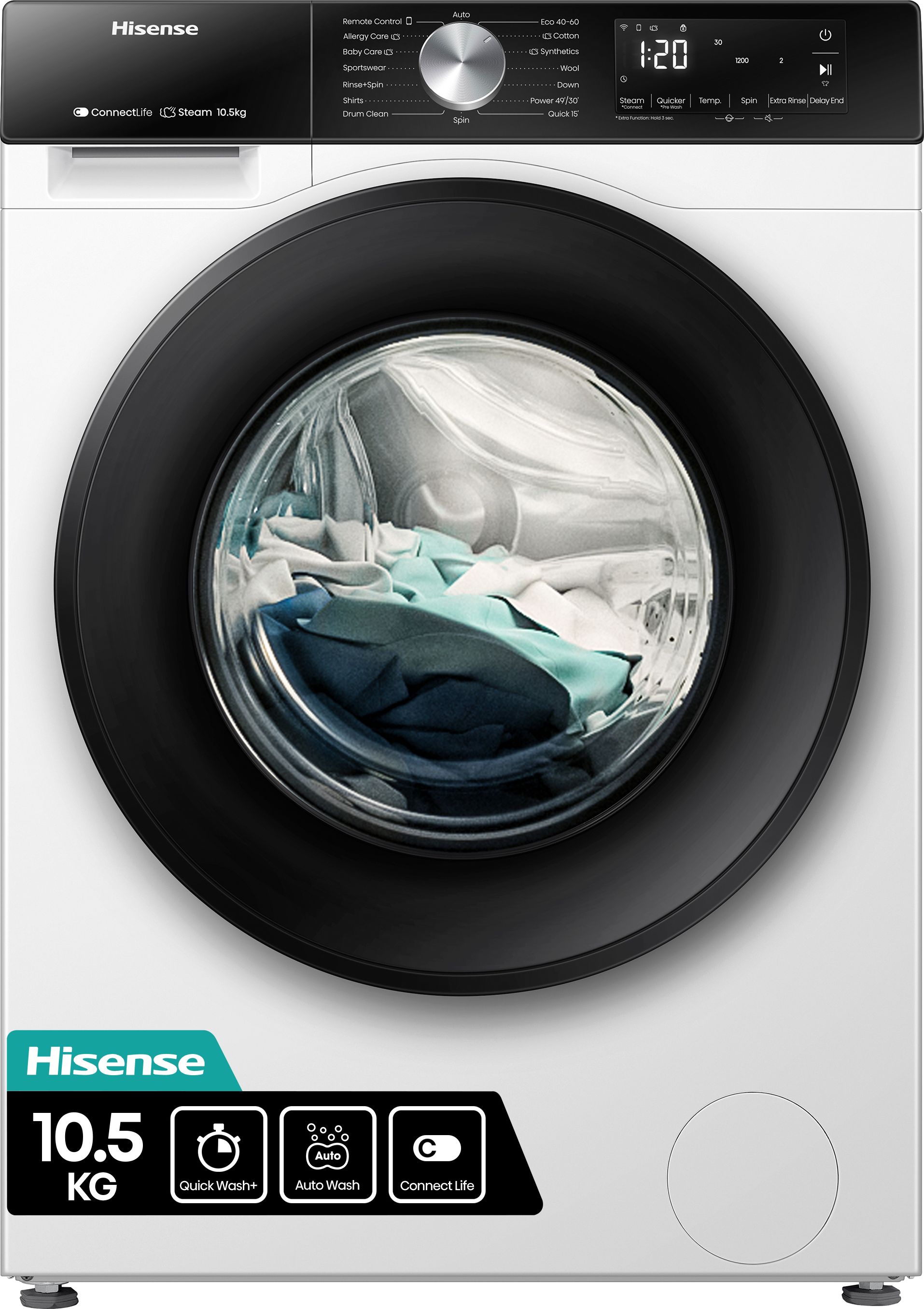 Image of Hisense 3S Series WF3S1043BW3 10.5kg WiFi Connected Washing Machine with 1400 rpm - White - A Rated, White