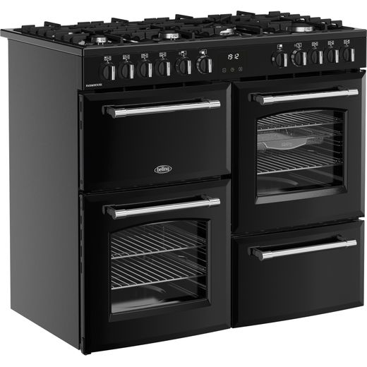 Belling FARMHOUSE 100DF Dual Fuel Range Cooker - Black / Antique Brass - Right perspective
