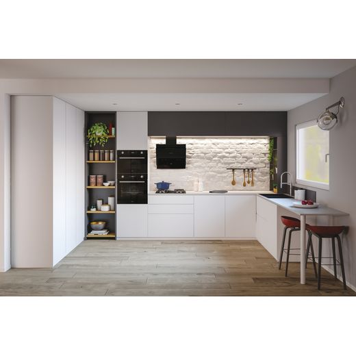 Hoover HDG6DCH3B Ceiling Cooker Hood Black Glass - lifestyle - wide angle shot of cooker hood above hob in kitchen