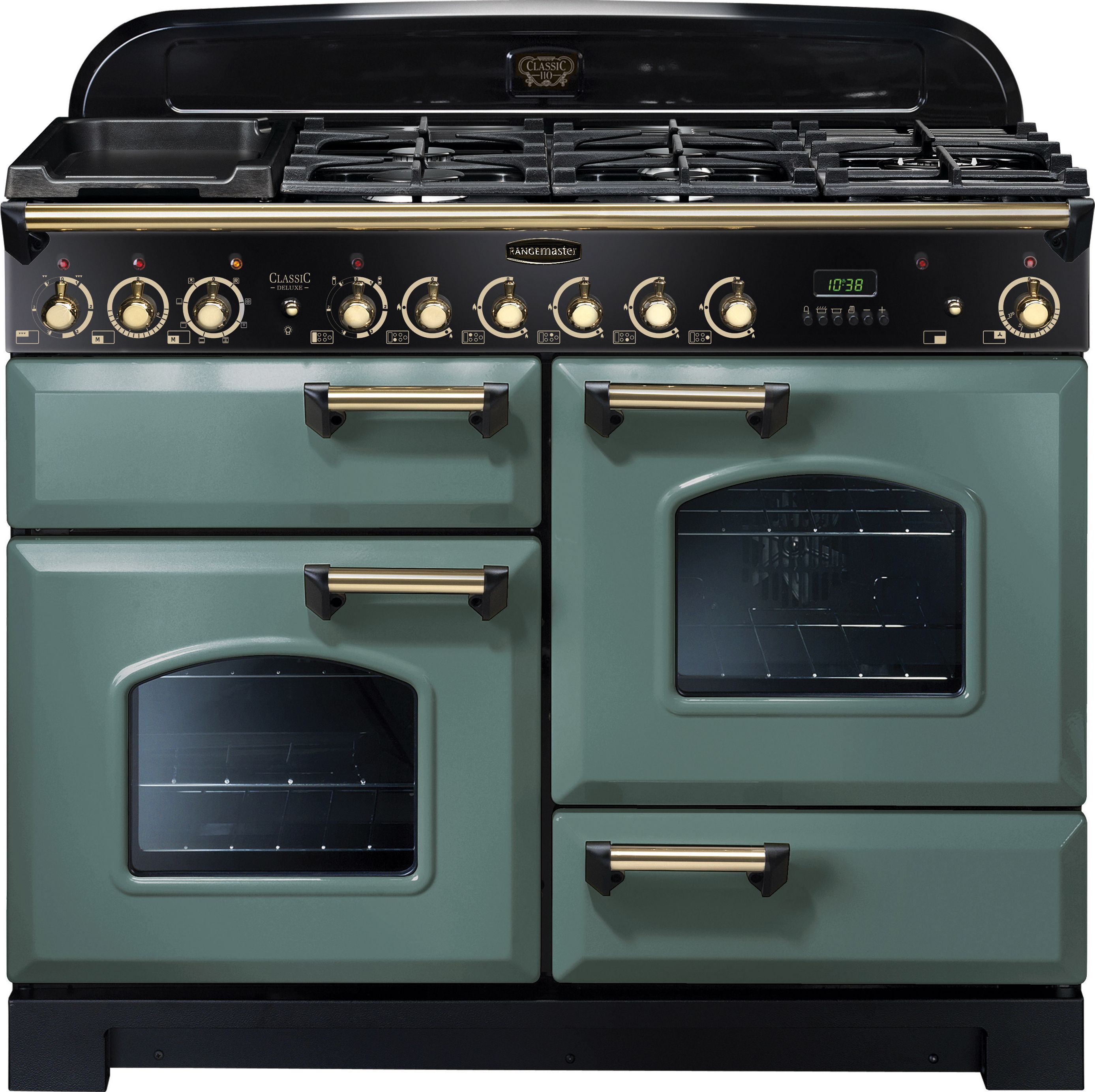 Rangemaster Classic Deluxe CDL110DFFMG/B 110cm Dual Fuel Range Cooker - Mineral Green / Brass - A/A Rated, Green