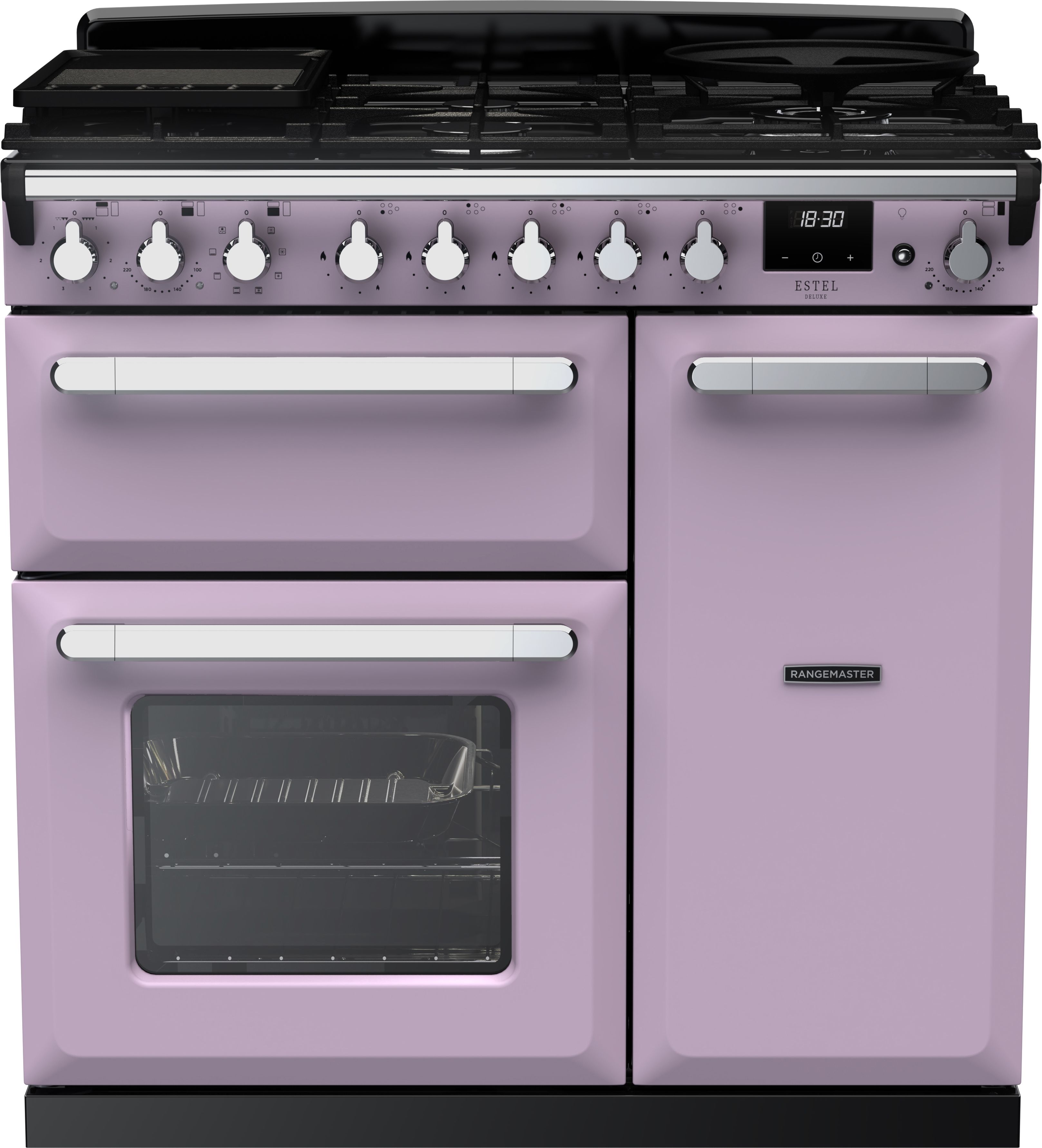 Image of Rangemaster Estel Deluxe ESDL90DFPHTH/CM1 90cm wide Dual Fuel Range Cooker with Gas Hob - Heather / Chrome - A/A Rated, Purple