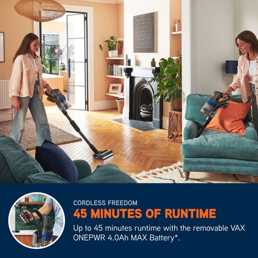 Vax HomePro Detect Pet Cordless Vacuum Cleaner with up to 45 Minutes Run Time - Blue / Graphite - Annotation - 45 min runtime shot
