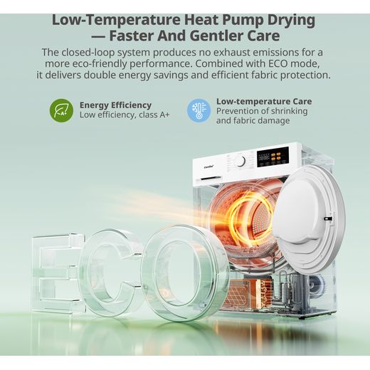 Comfee CDN13H81/W-UK Wifi Connected 8Kg Heat Pump Tumble Dryer - White - annotation - low temp