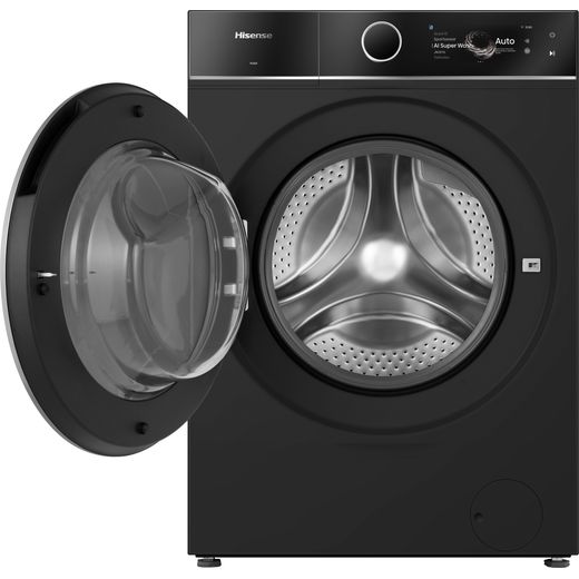 Hisense KitchenFit 7i Series WF7I1248BBR 12kg WiFi Connected Washing Machine with 1400 rpm - Black - front with door open shot 