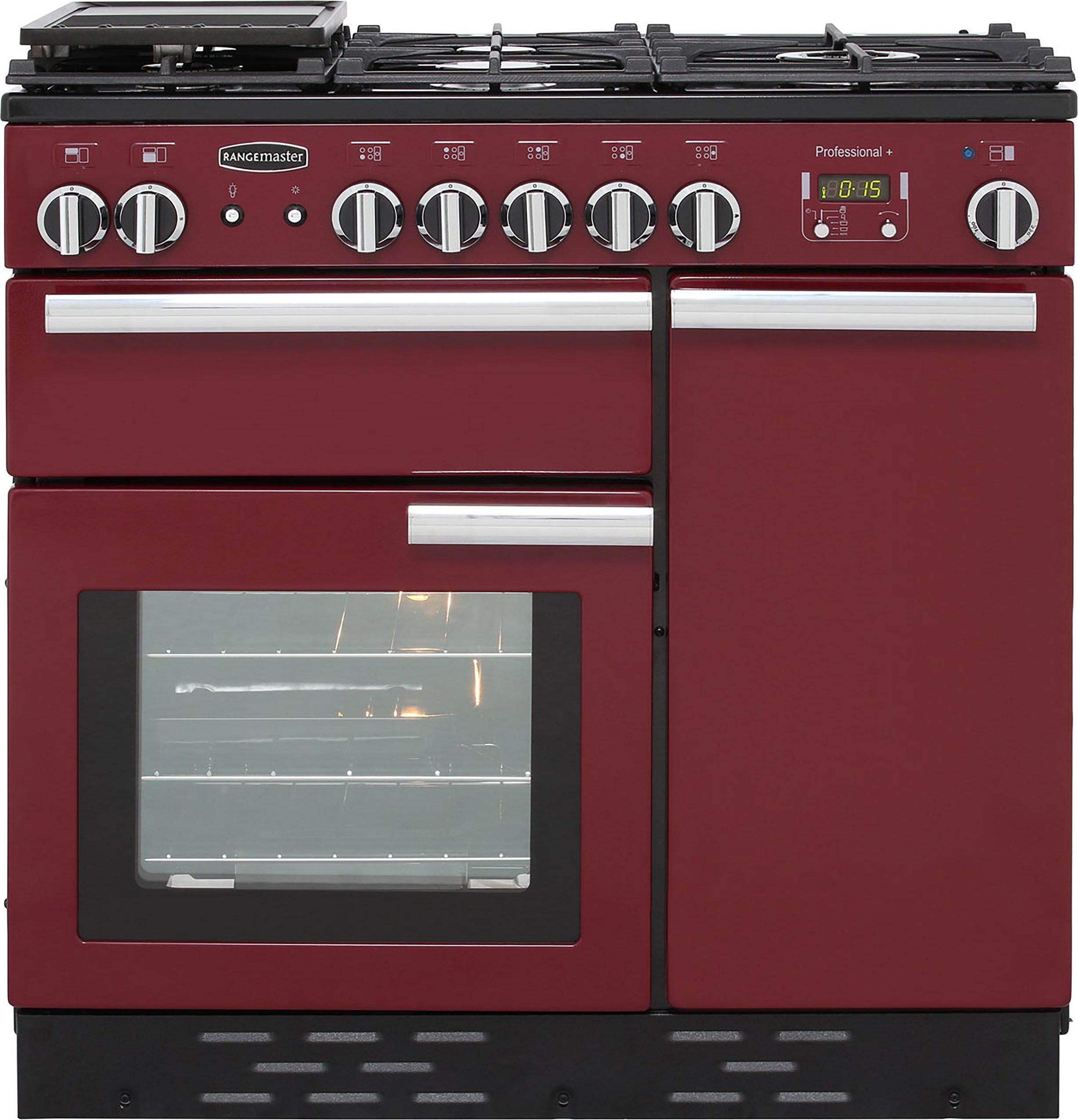 Rangemaster Professional Plus PROP90NGFCY/C 90cm Gas Range Cooker with Electric Fan Oven - Cranberry - A+/A Rated, Red