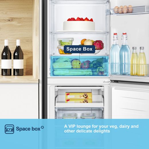 Fridgemaster MC55240EB 174cm Fridge Freezer - Black - Annotation - Space box