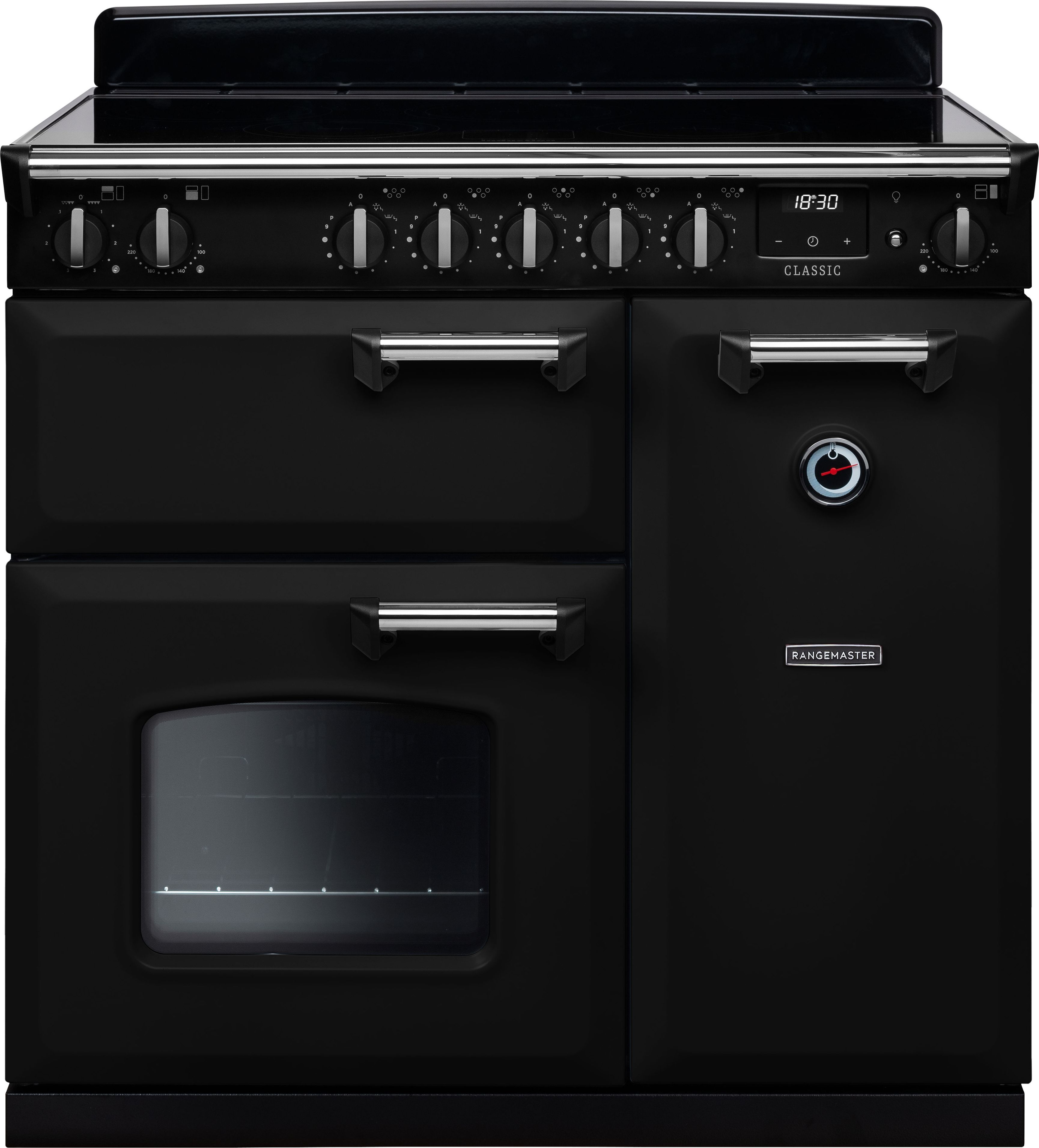 Image of Rangemaster Classic CL90EIPGBL/CM1 90cm wide Electric Range Cooker with Induction Hob - Black / Chrome - A Rated, Black