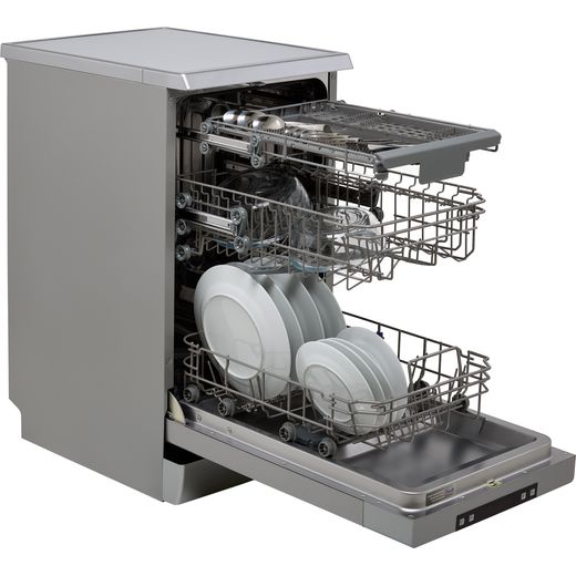 Hisense Slimline Dishwasher - Stainless Steel - Door open and racks out