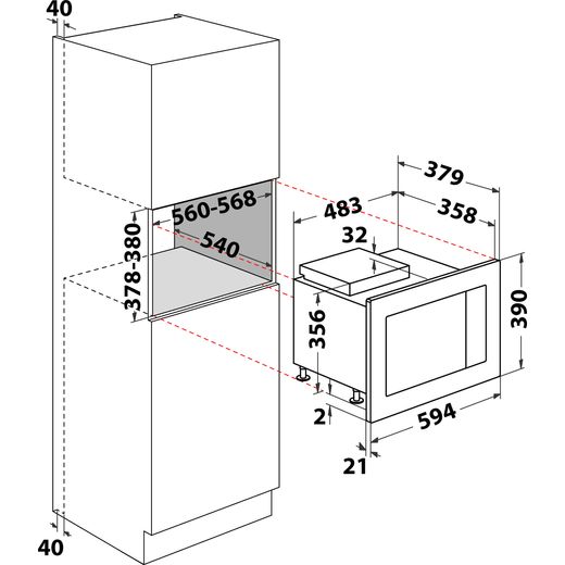 Hotpoint MF25GIXH 39cm tall, 59cm wide, Built In Compact Microwave - Stainless Steel Effect - Annotation - Dimension shot