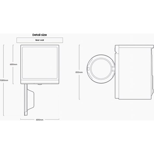 Samsung Series 8 AI Energy OptimalDry™ DV90BB9445GB 9Kg Heat Pump Tumble Dryer - Black - Annotation - Dimension shot