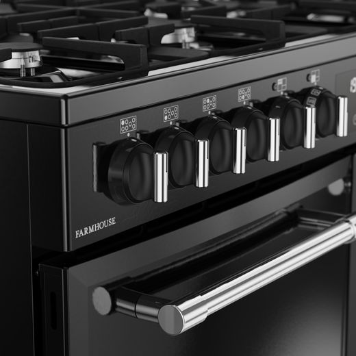 Belling FARMHOUSE 100DF Dual Fuel Range Cooker - Black / Antique Brass - Control dials