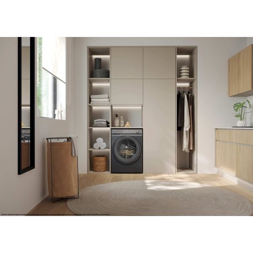 Haier X7 HW90-B14367GTUUK 9kg Washing Machine with 1400 rpm - Graphite  - Washing machine in utility room shot