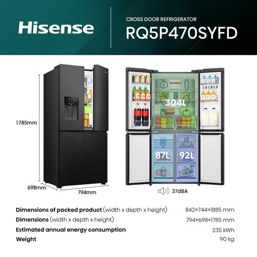 Hisense PureFlat Slim American Fridge Freezer - Black / Stainless Steel - Annotation - Dimension shot 