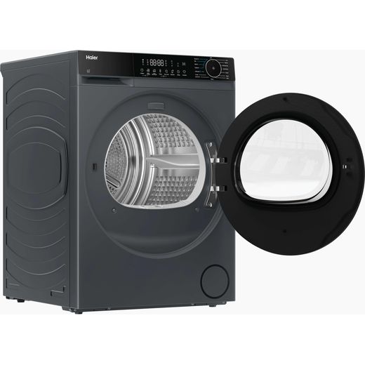 Haier X Series 5 HD80-D357GU1-UK Wifi Connected 8Kg Heat Pump Tumble Dryer - Graphite - Right perspective with door open shot
