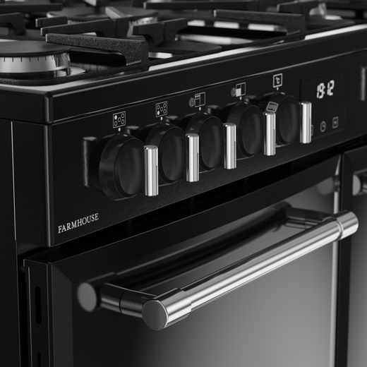 Belling FARMHOUSE 90DF Dual Fuel Range Cooker - Black - Control dials
