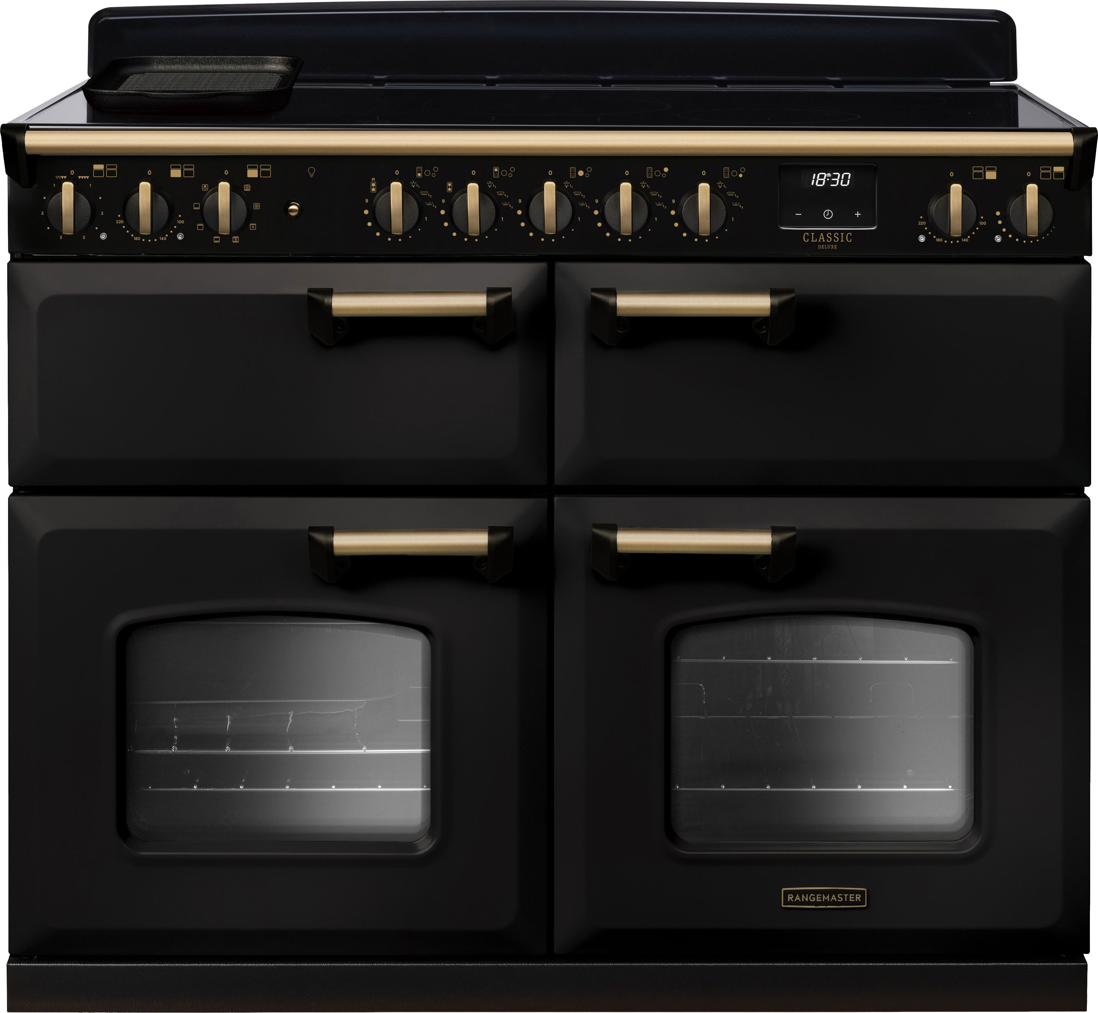 Image of Rangemaster Classic Deluxe BC CLDLB110EIPCBL/AB1 110cm wide Electric Range Cooker with Induction Hob - Charcoal Black / Antique Brass - A/A Rated, Black