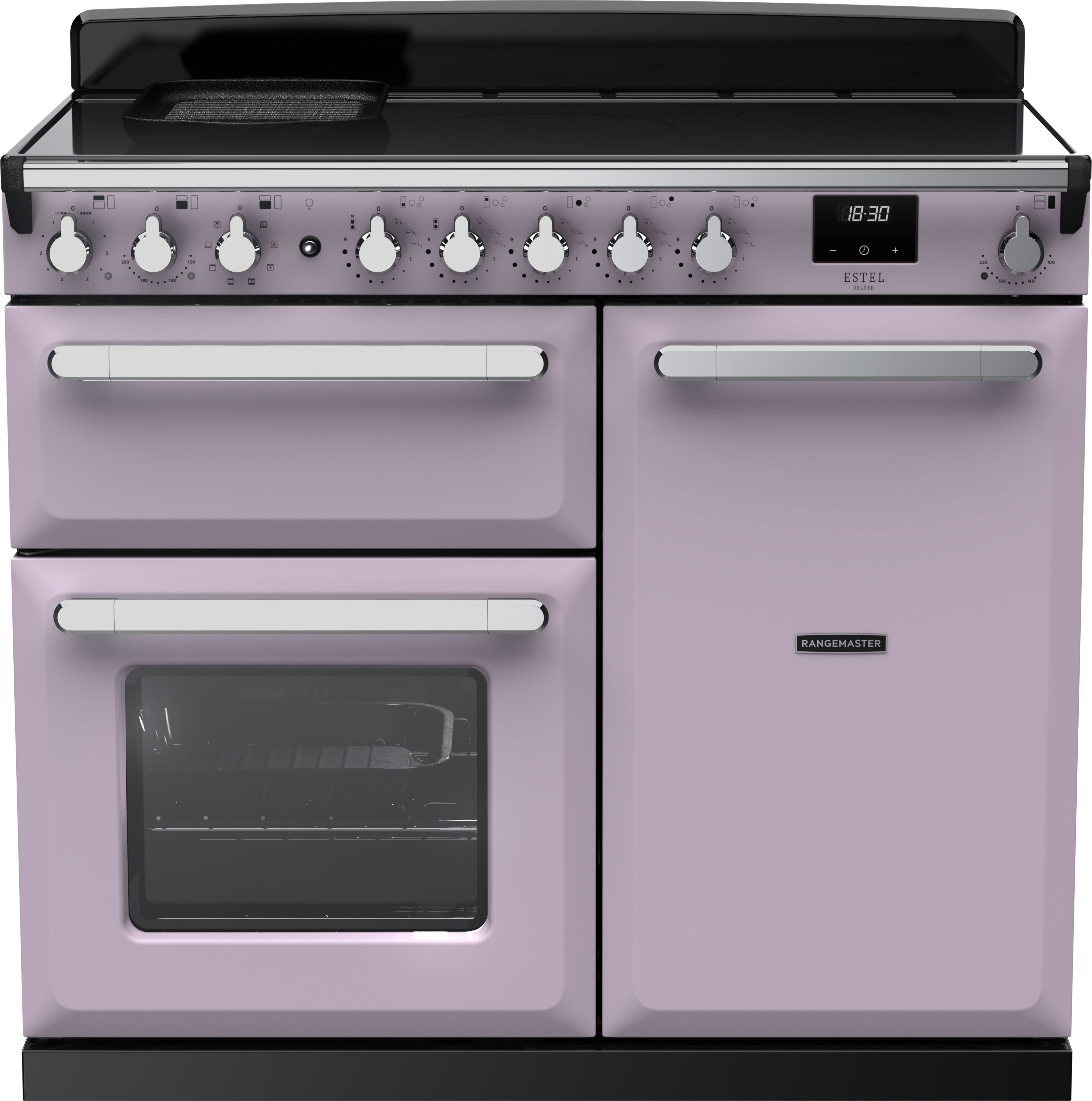 Image of Rangemaster Estel Deluxe ESDL100EIPHTH/CM1 100cm wide Electric Range Cooker with Induction Hob - Heather / Antique Brass - A/A Rated, Purple