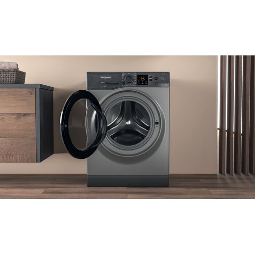 Hotpoint Anti-Stain NSWM 846 GG UK 8kg Washing Machine with 1400 rpm - Graphite - Washing machine with door open shot
