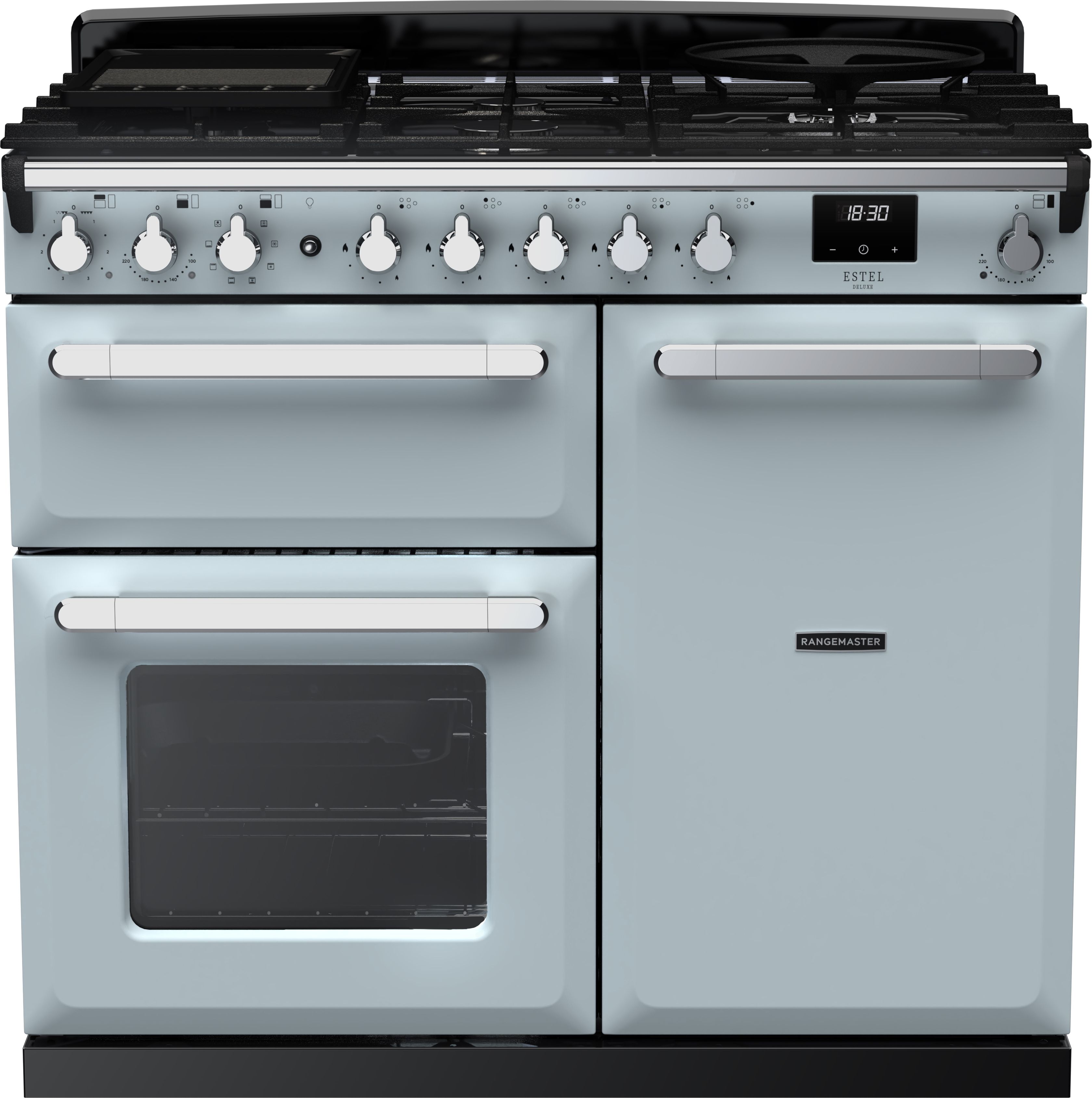 Image of Rangemaster Estel Deluxe ESDL100DFPMSB/CM1 100cm wide Dual Fuel Range Cooker with Gas Hob - Misty Blue / Chrome - A/A Rated, Blue
